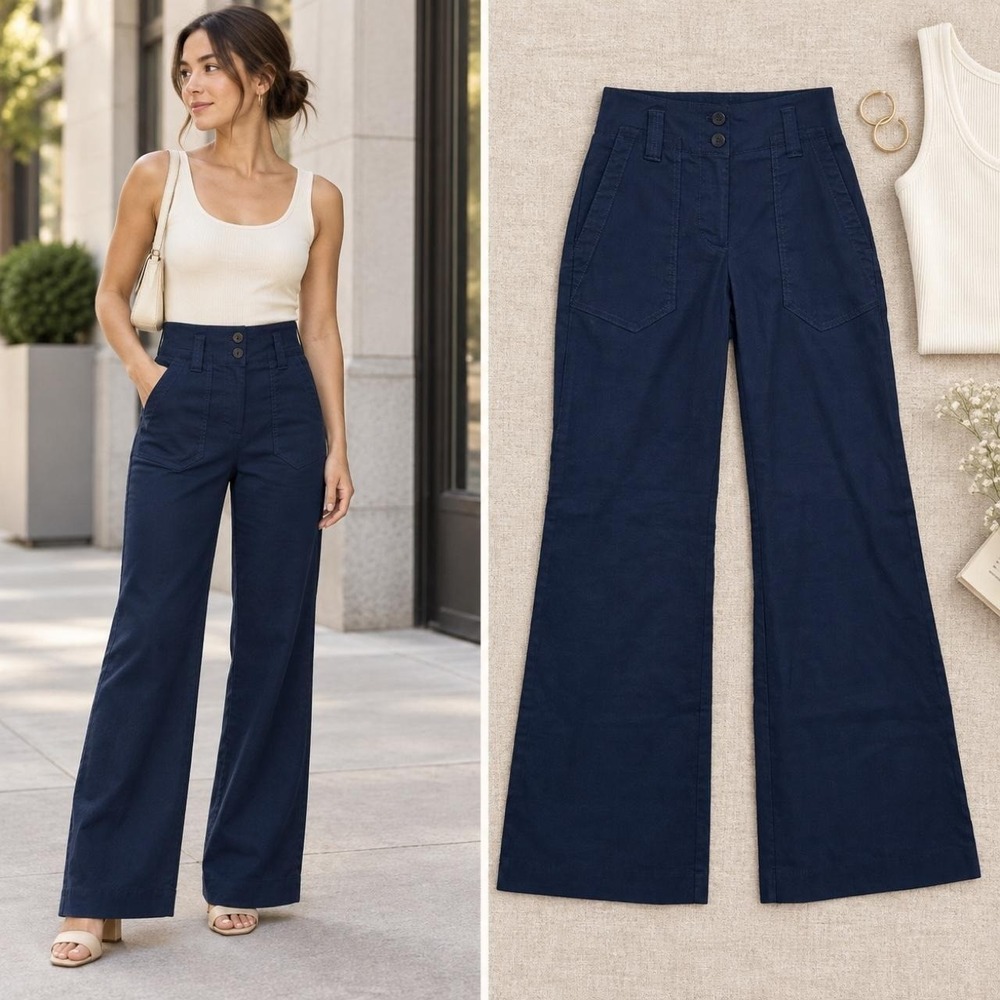 Maeve Naomi Pants Women's 2 Petite Navy Linen Blend High Rise Wide Leg Flare NWT
